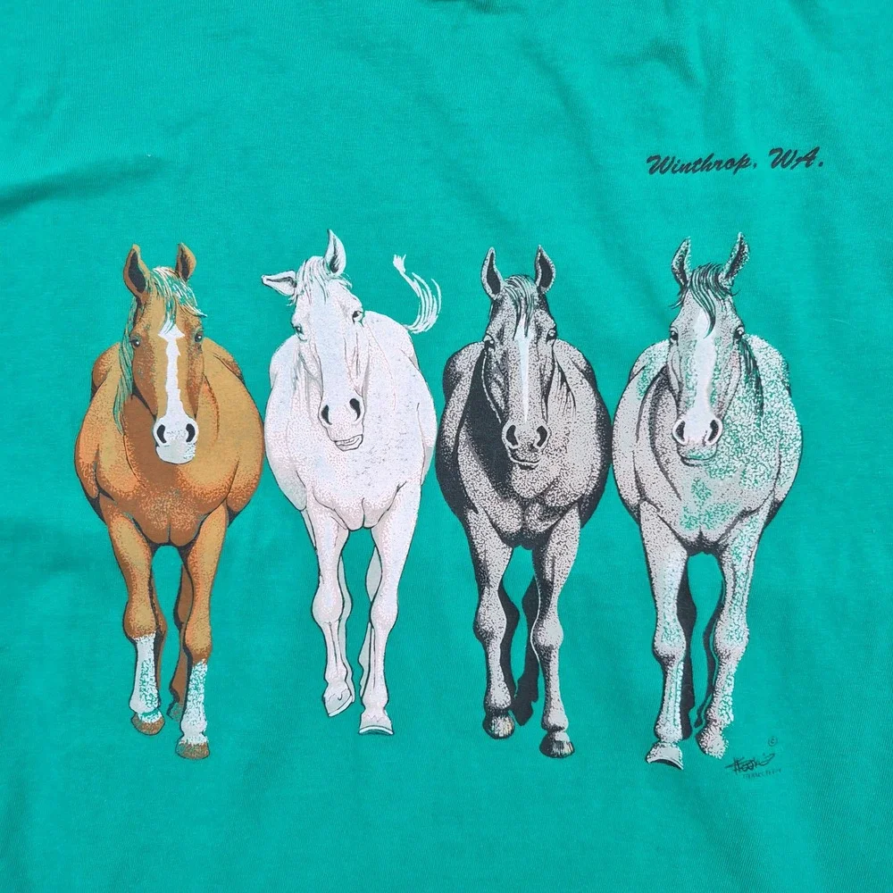 Vintage Hanes Beefy-T Horse Graphic T-Shirt XL Green Winthrop WA Single Stitch